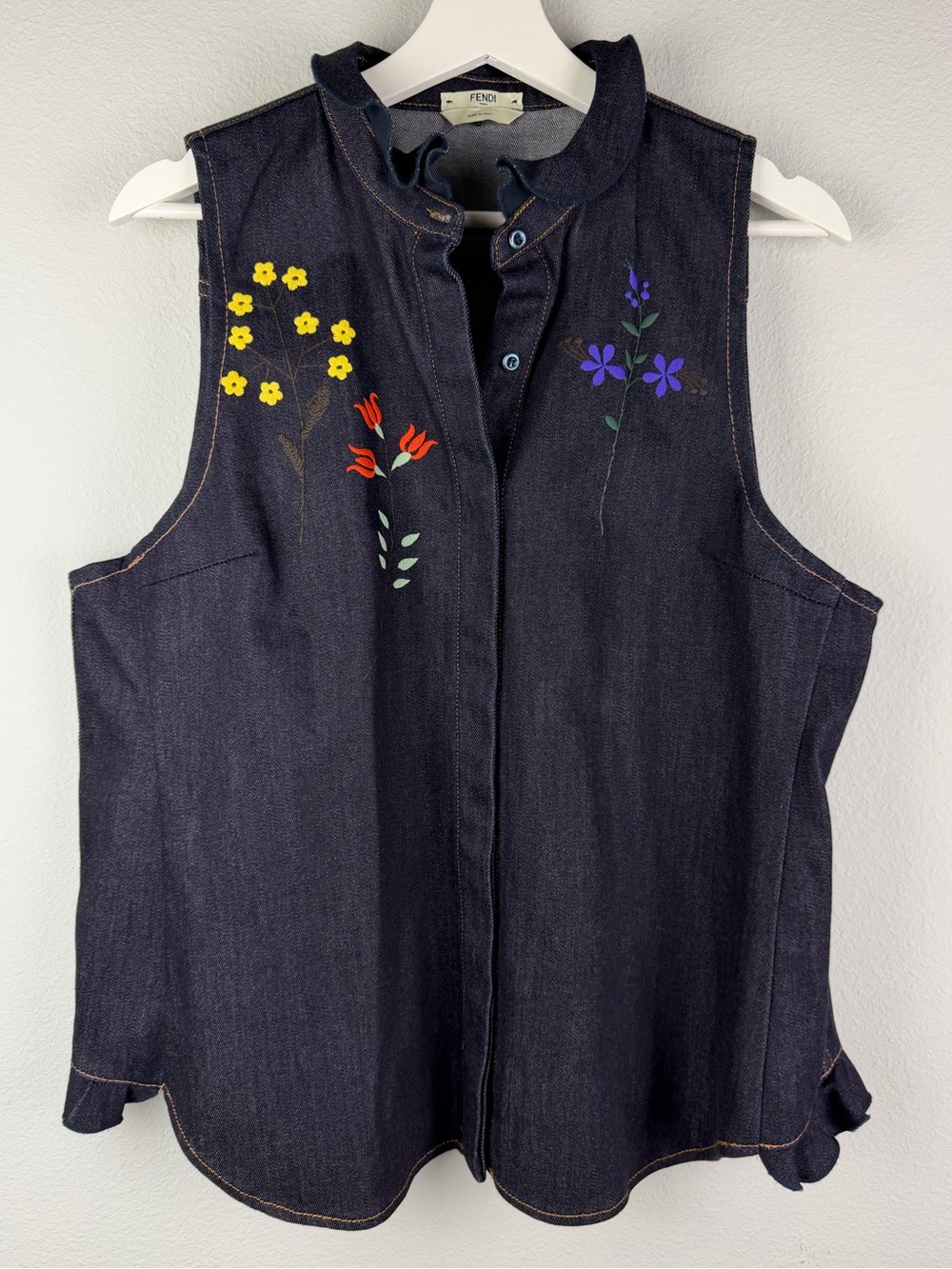 FENDI Roma Denim Embroidered Sleeveless Button Down Top
